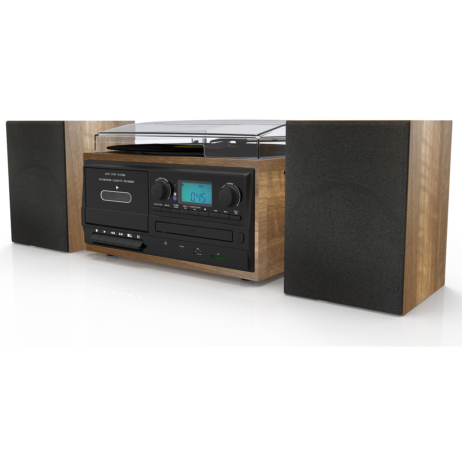 Boytone BT-58W Bluetooth Record Player Turntable with CD Player, Convert LP Vinyl, CD to MP3 Player, Cassette, AM/FM Radio, Aux, USB/SD Encoding, Remote Control, Audio Music Player Built in Amplifier